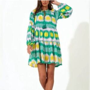 Oliphant Swing Dress Tunic Balloon Sleeves Silk Cotton Blend Ikat Print …